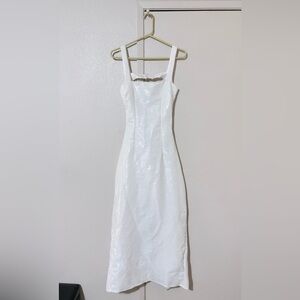 Elegant White Beautiful Square-Neck Sequin Sheath Long Dress W/ Slit In Back